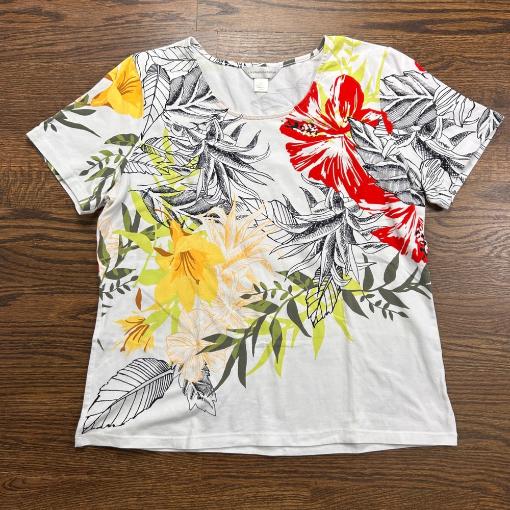 Christopher & Banks Shirt Womens Large Tropical Floral Hibiscus Short Sleeve Tee